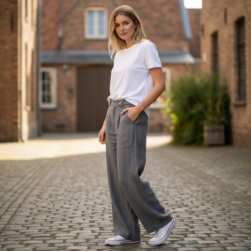 Nicole Miller Linen Pants Women 6 Grey Wide Leg Pleated Crop Trousers